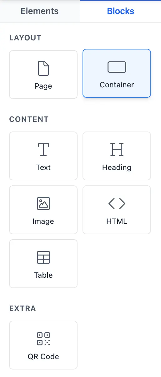 The Blocks panel showing Layout, Content, and Extra categories