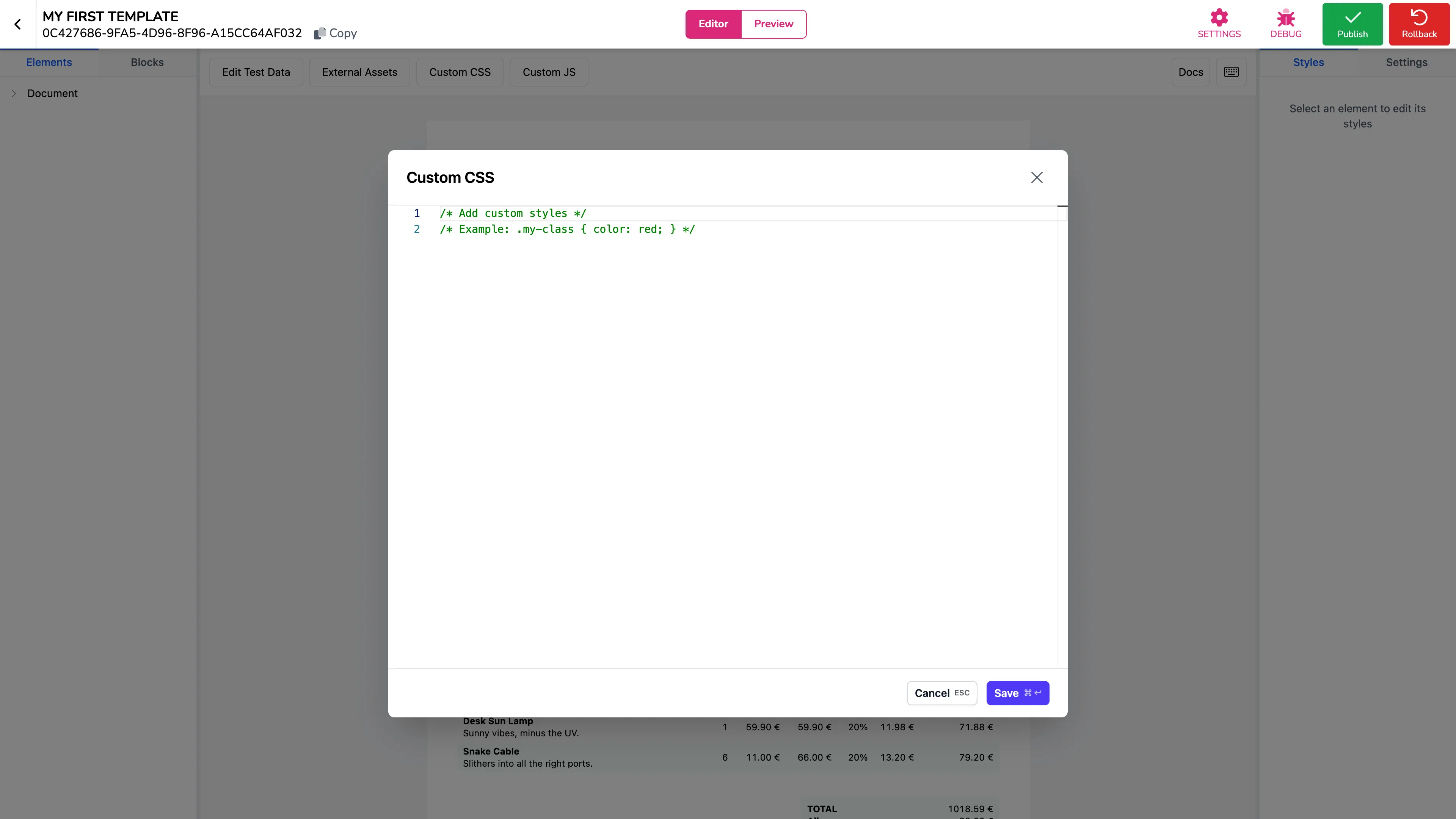 The CSS editor with example styles