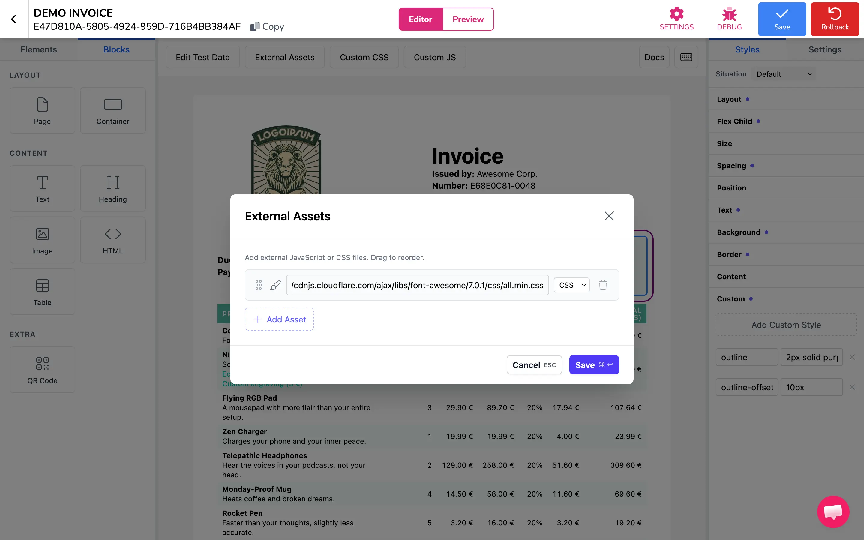 The External Assets editor with a CSS CDN URL