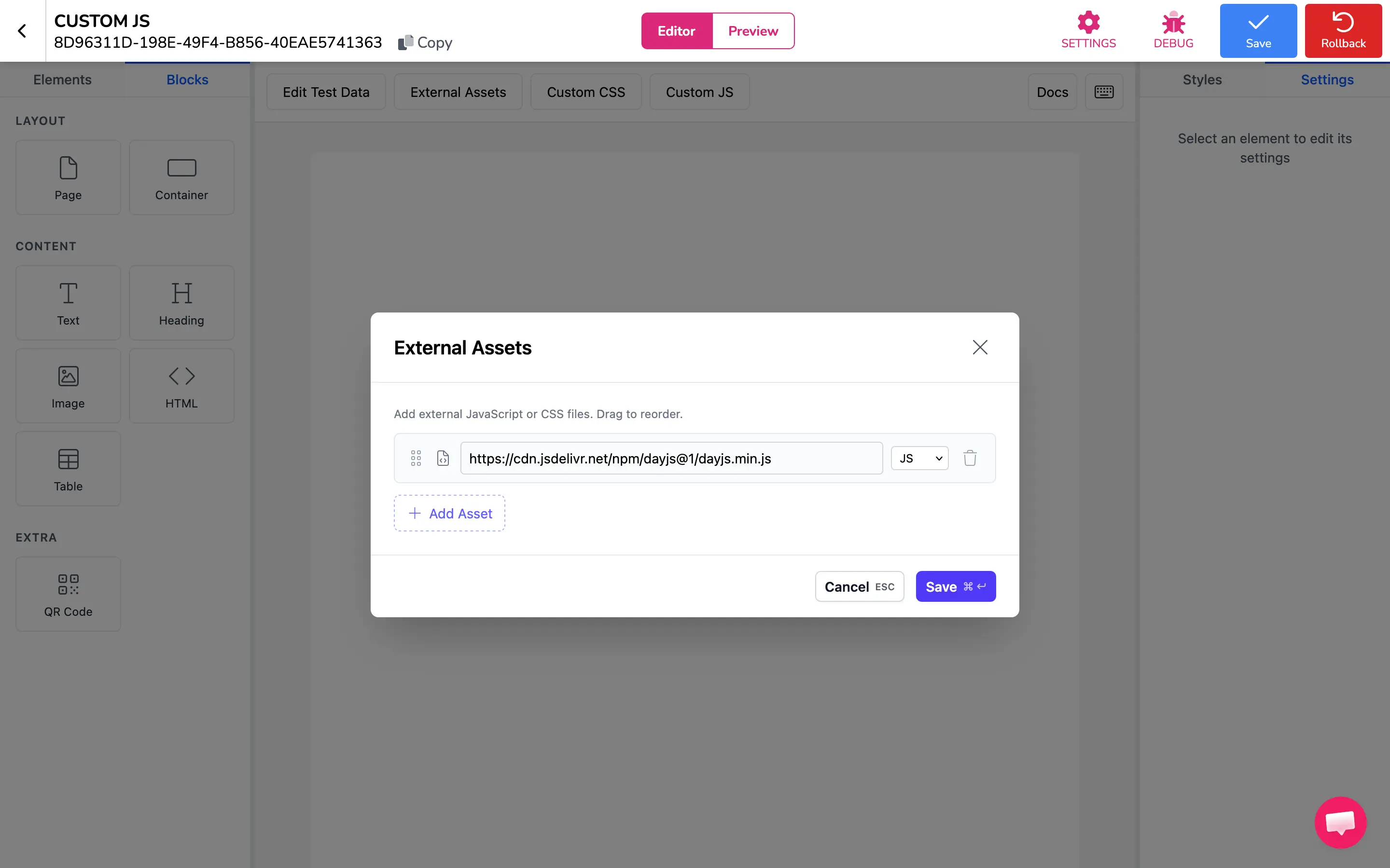 The External Assets editor with a JavaScript CDN URL