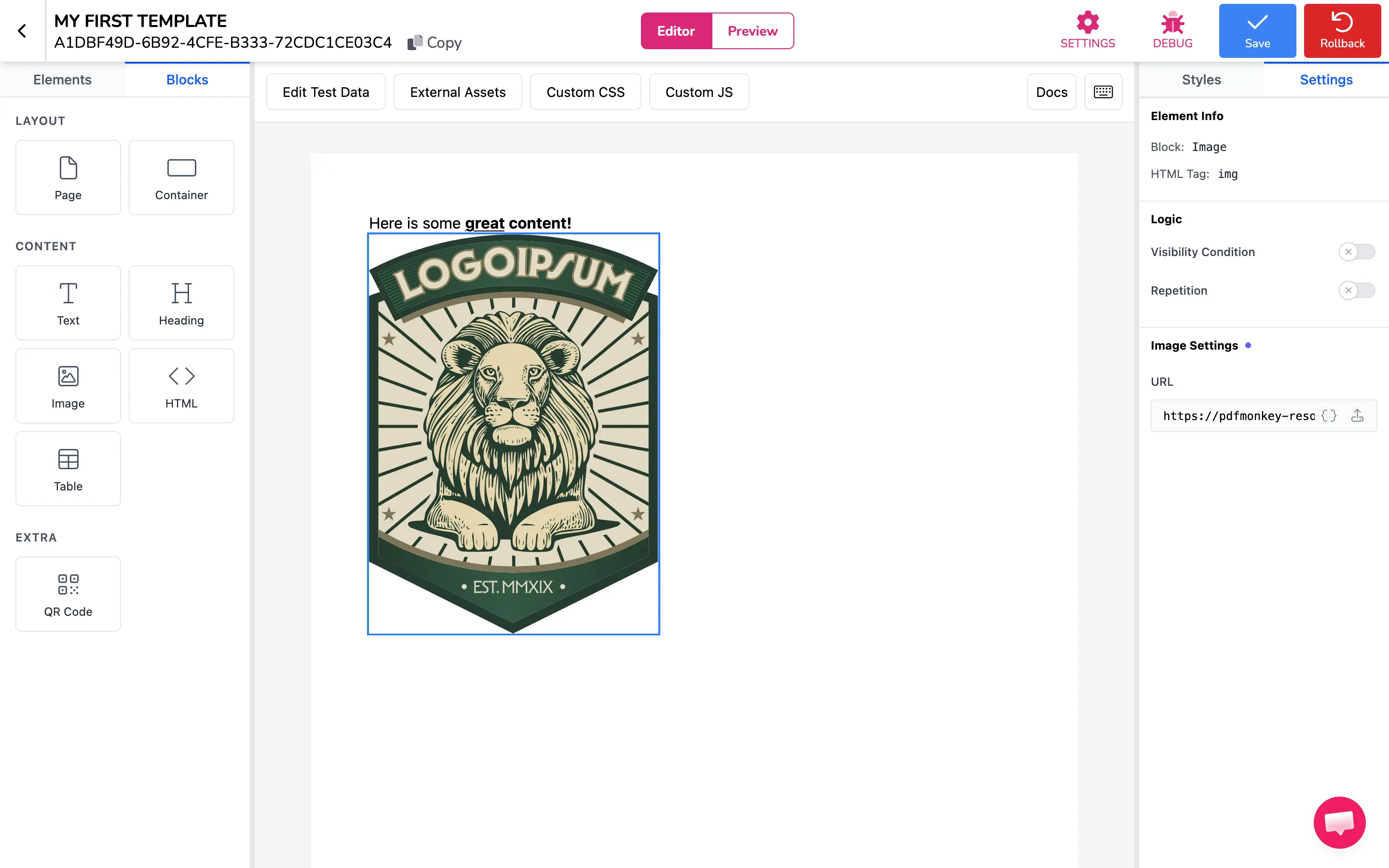 Image block settings showing the source URL input