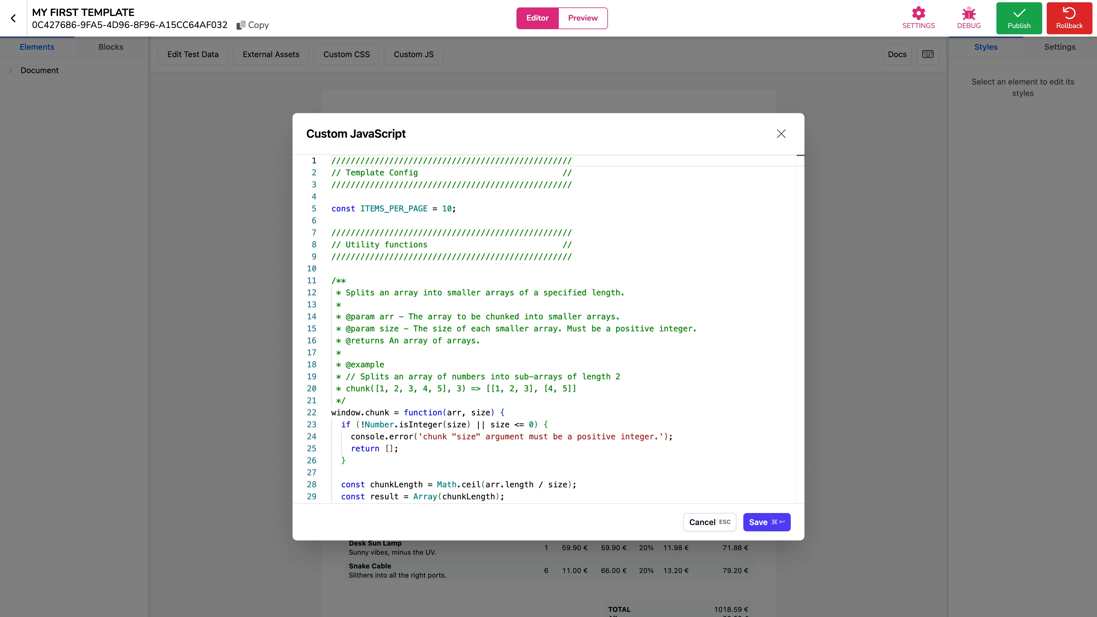 The JavaScript editor with example code