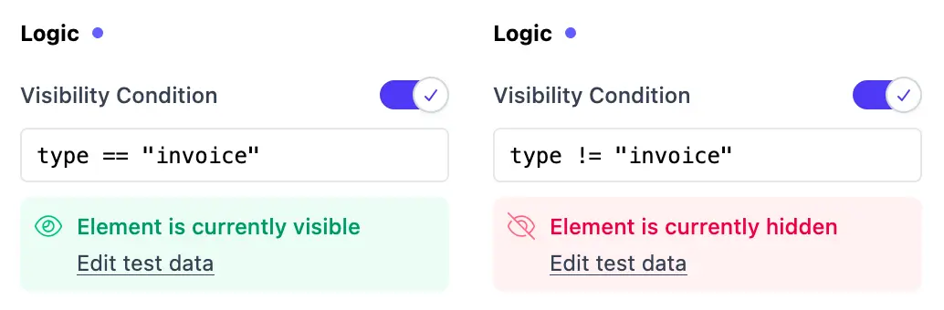 The Logic panel showing the red &ldquo;hidden&rdquo; status when the condition evaluates to false