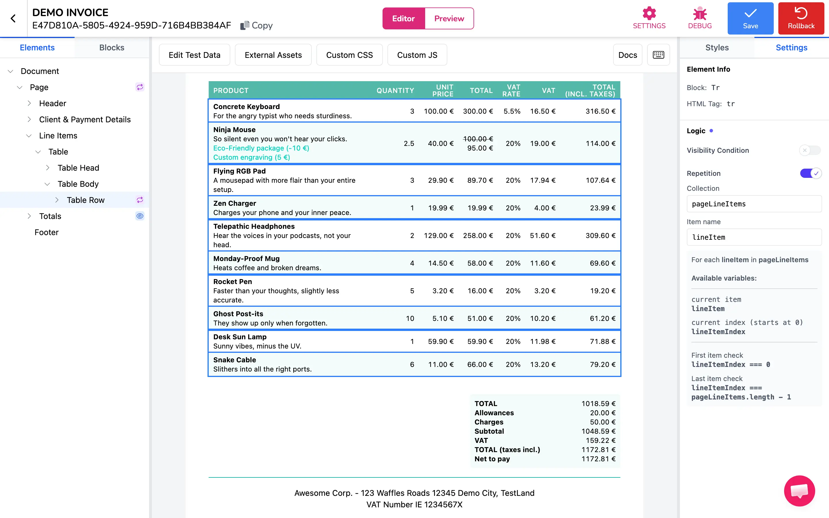 The Logic panel with Repetition active, showing the collection and item fields with available variables