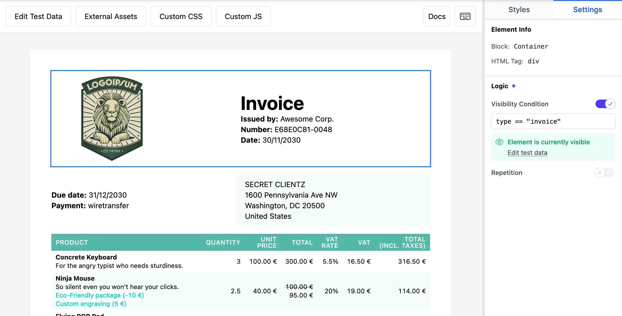The Logic panel with a visibility condition active, showing the green &ldquo;visible&rdquo; status