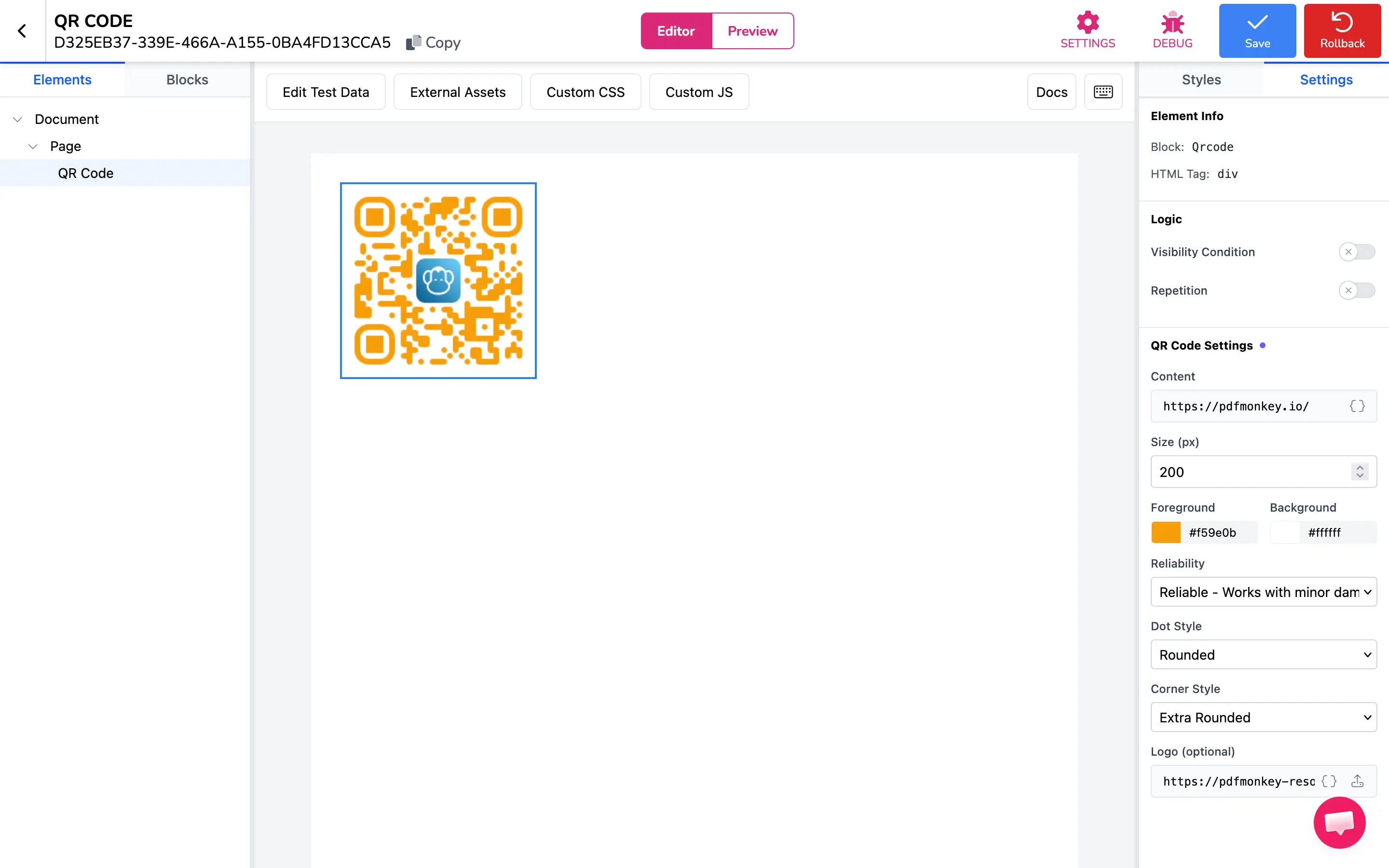 A QR Code block displayed on the canvas