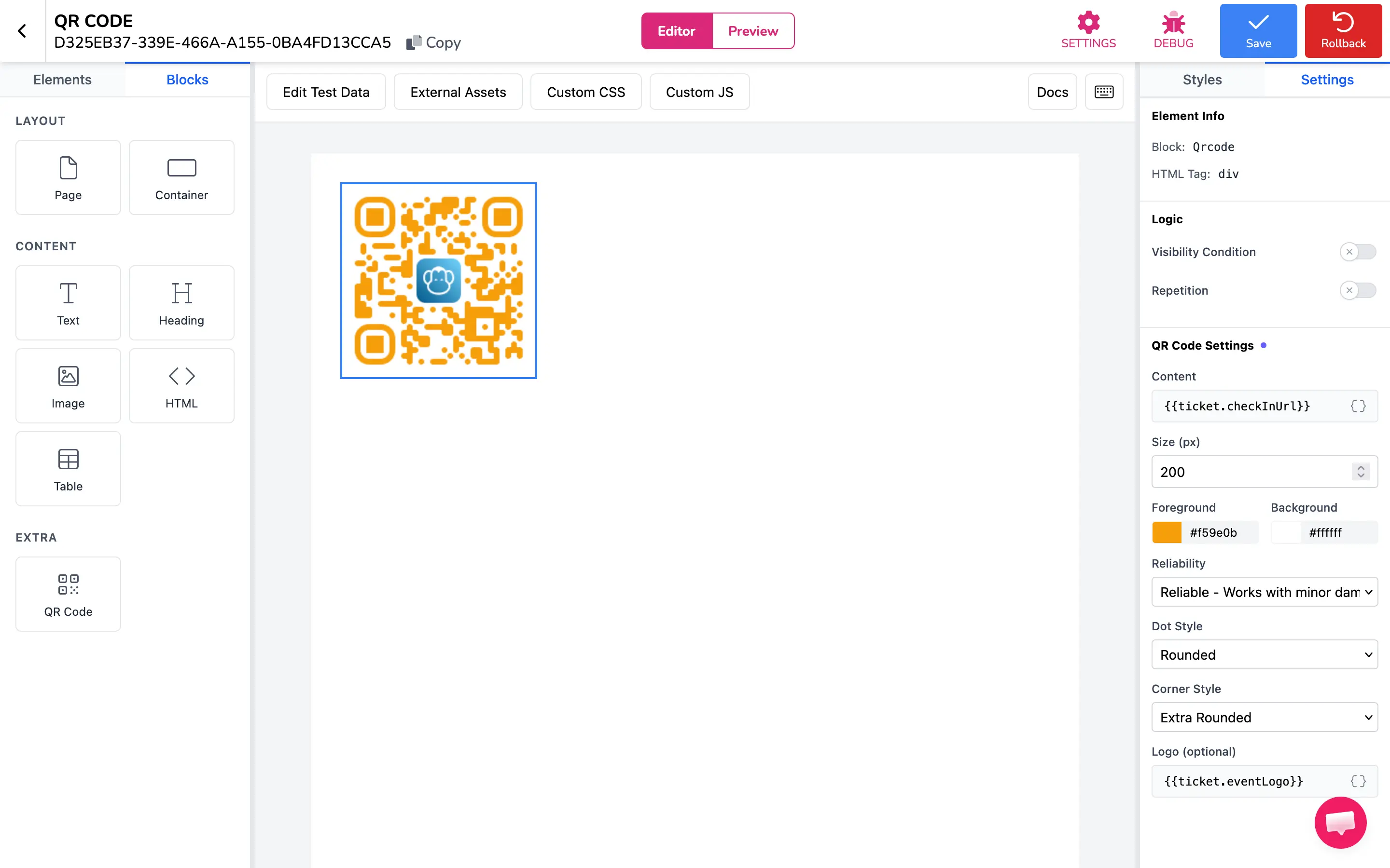 A QR Code block with dynamic values bound to payload variables