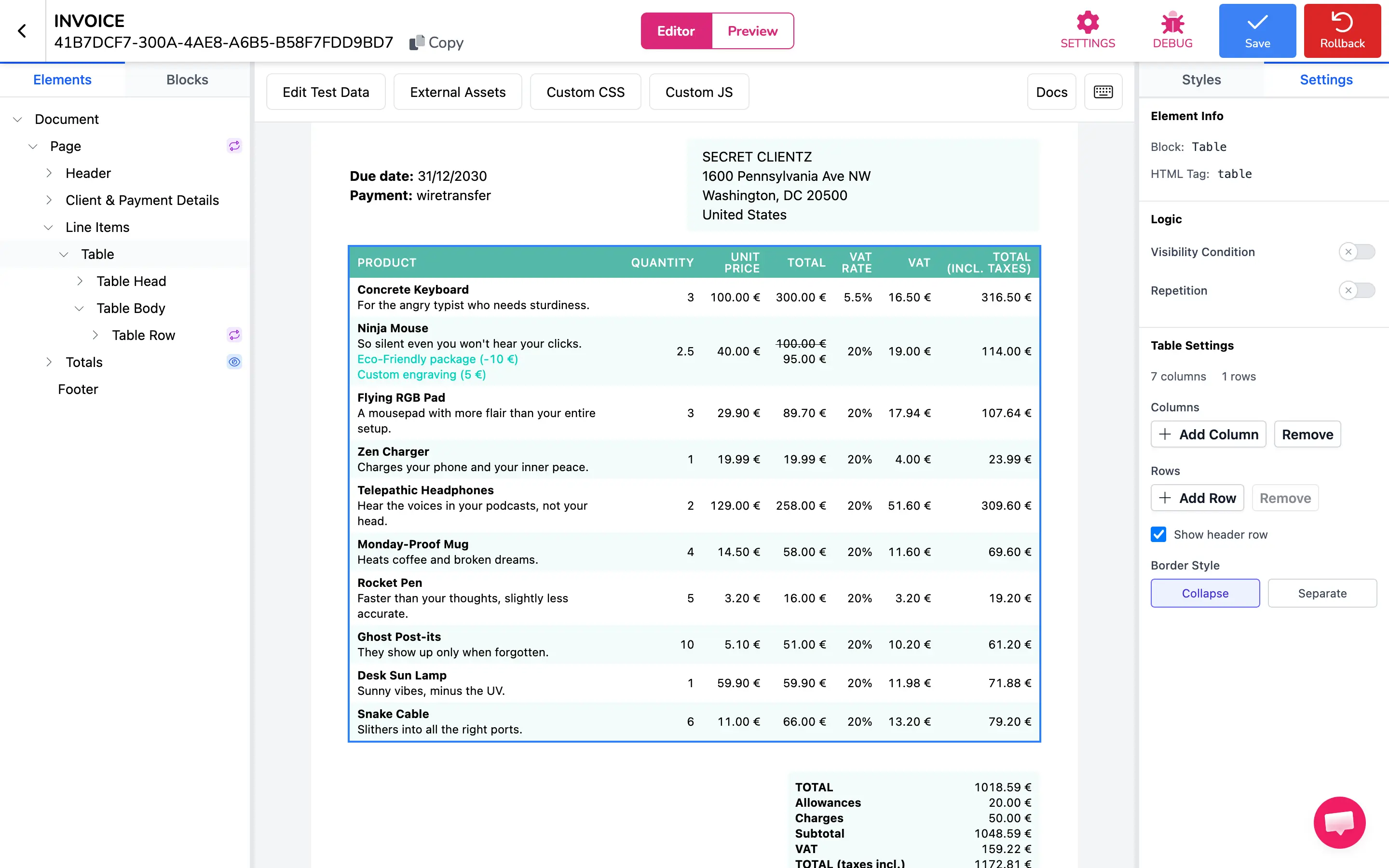 A Table block showing the auto-generated structure in the Elements tree