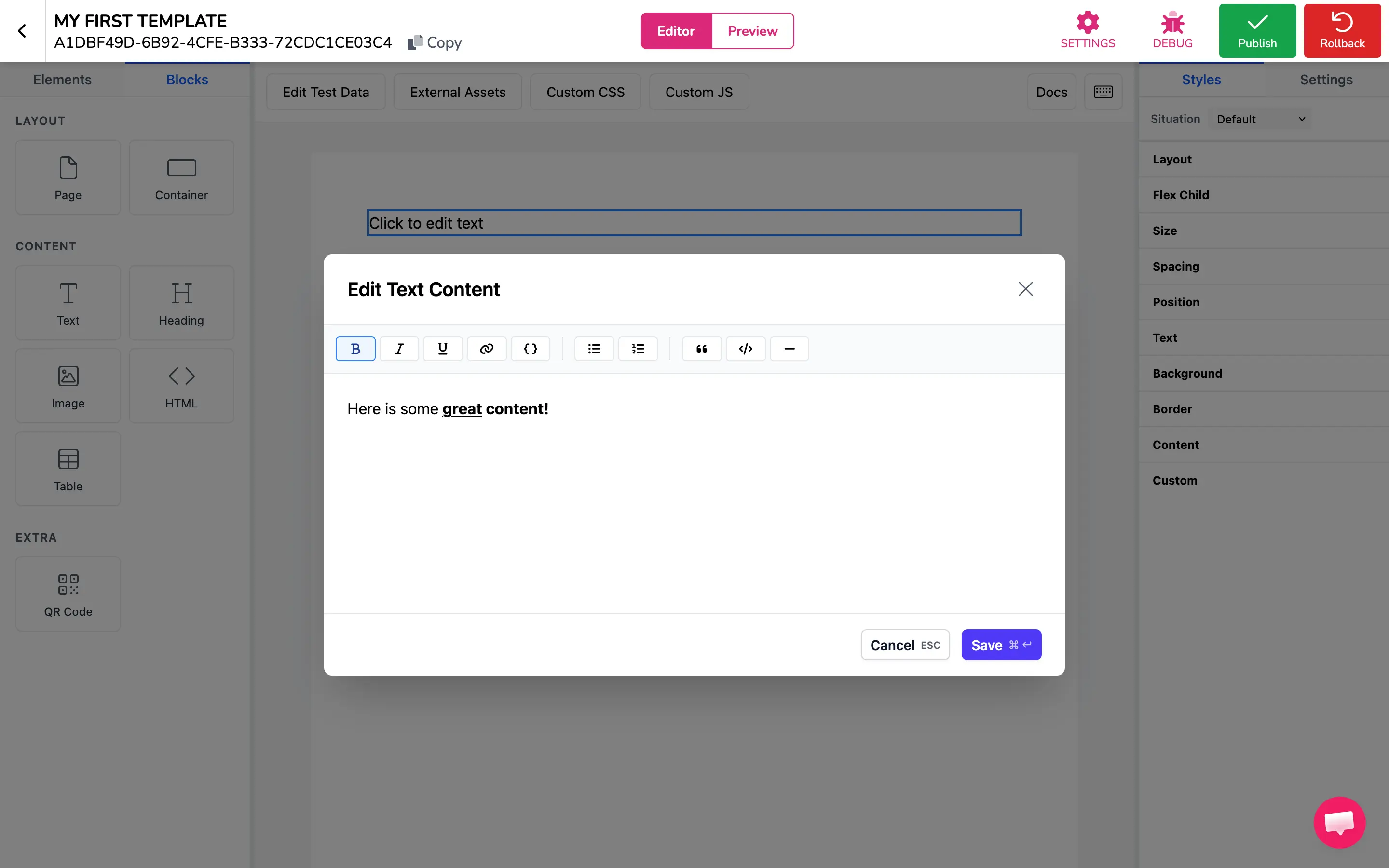 The rich text editor modal for editing text content