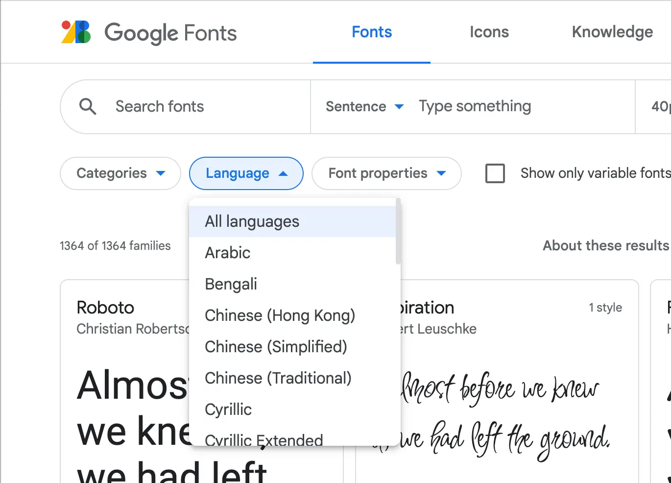 Google Fonts language support selector