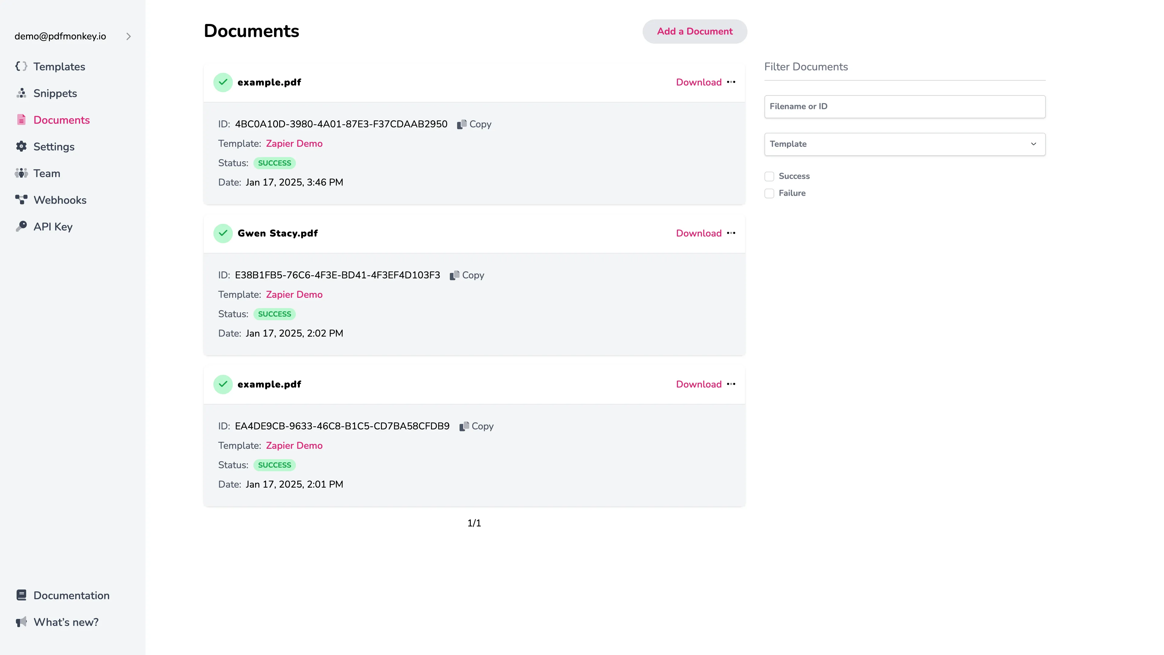 Documents page listing generated documents with status indicators and filters