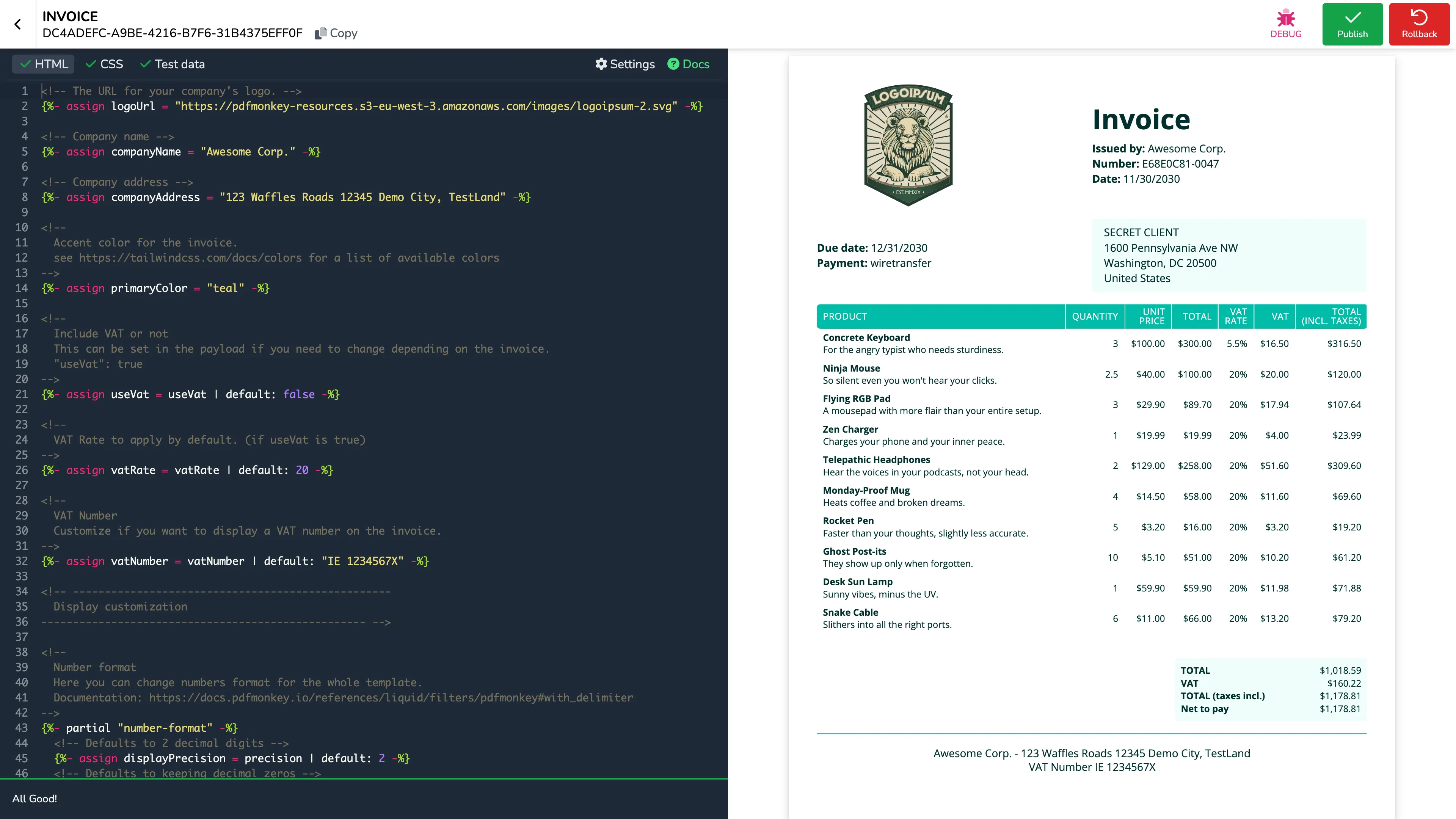 Template editor with HTML, CSS, and Test Data tabs alongside the live preview pane