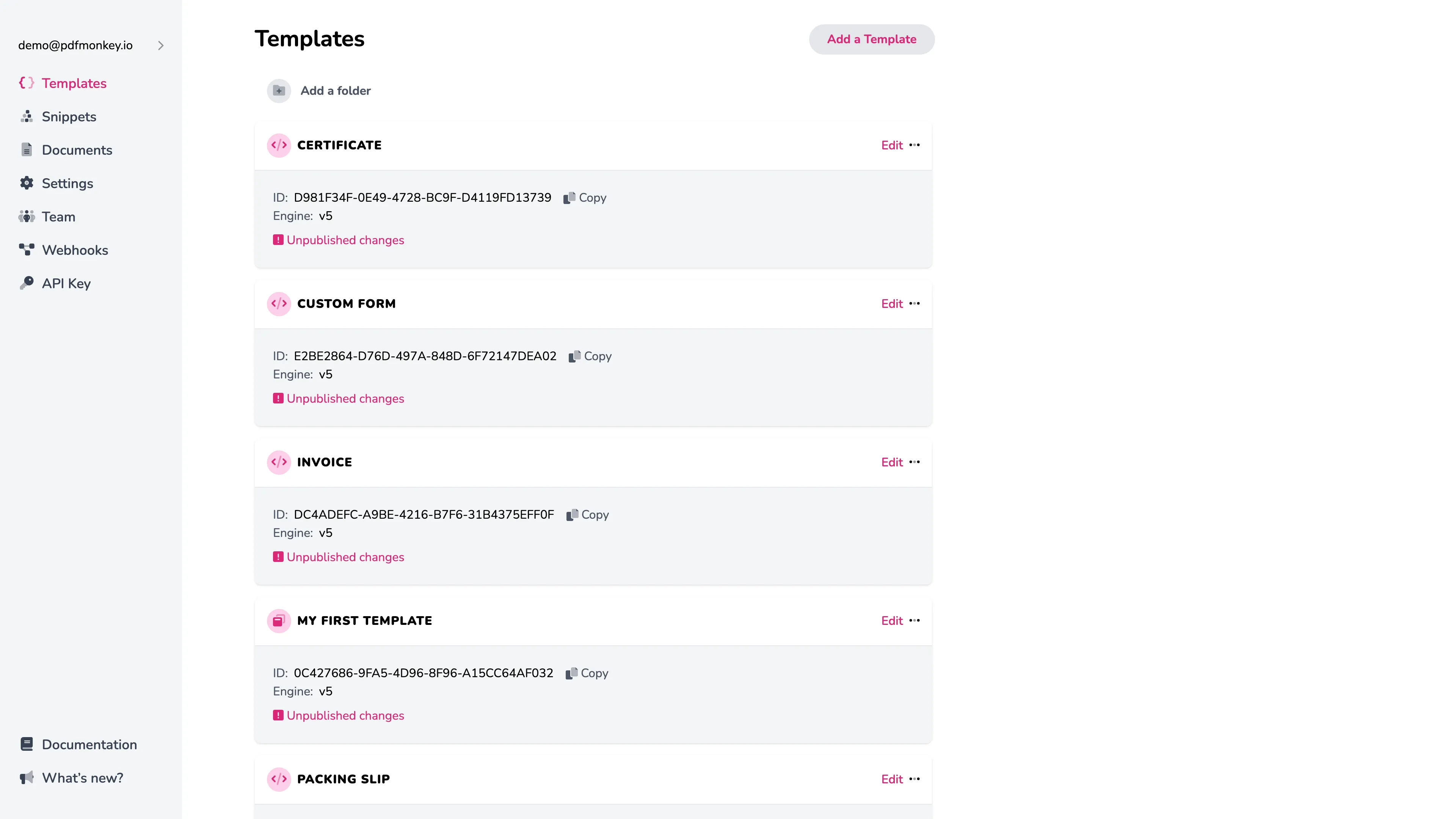 Templates list page showing template cards and workspace selector