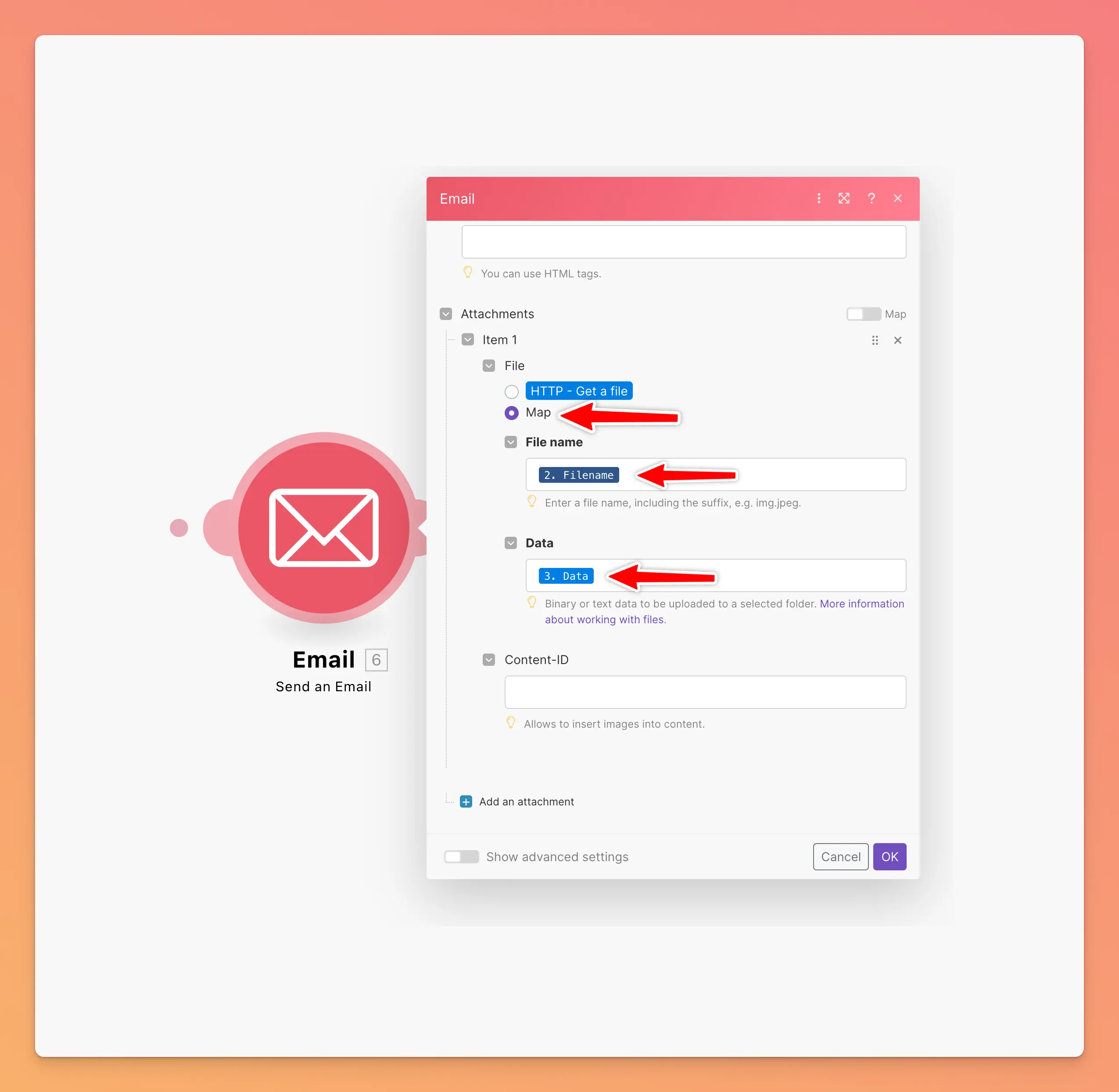 Email attachment configuration with custom filename
