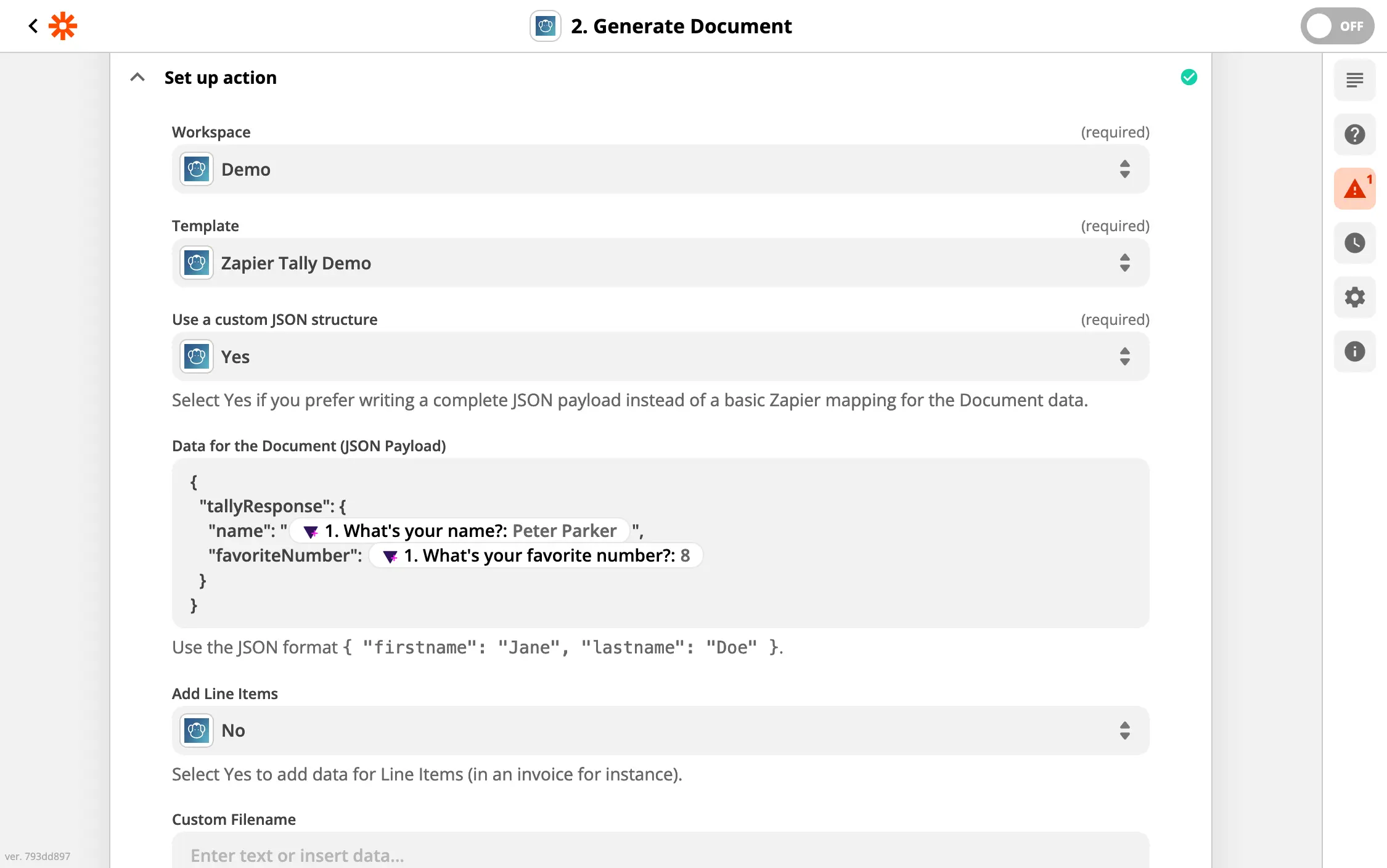 Custom JSON payload option in the PDFMonkey Zapier action