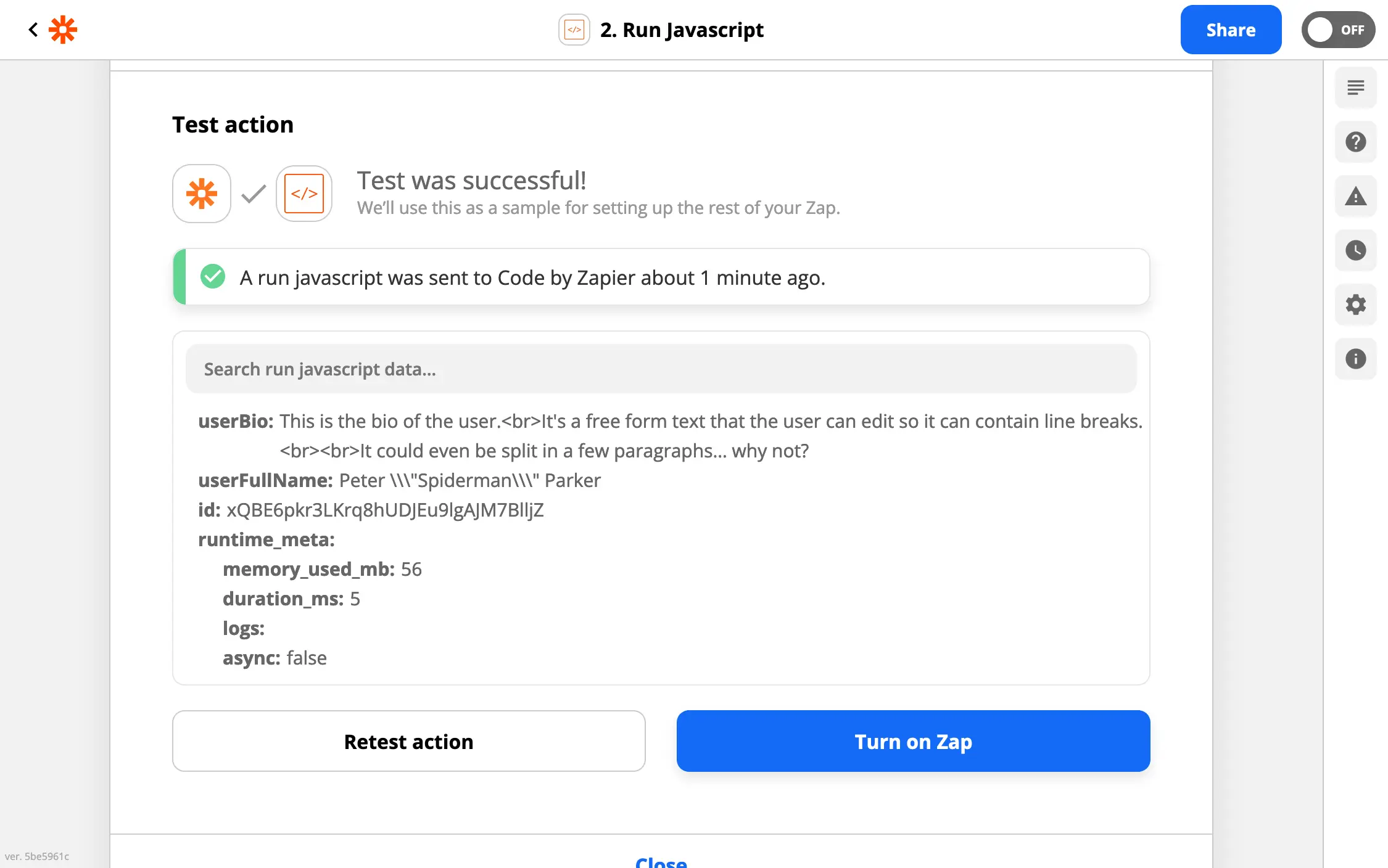 The escaped output from Code by Zapier