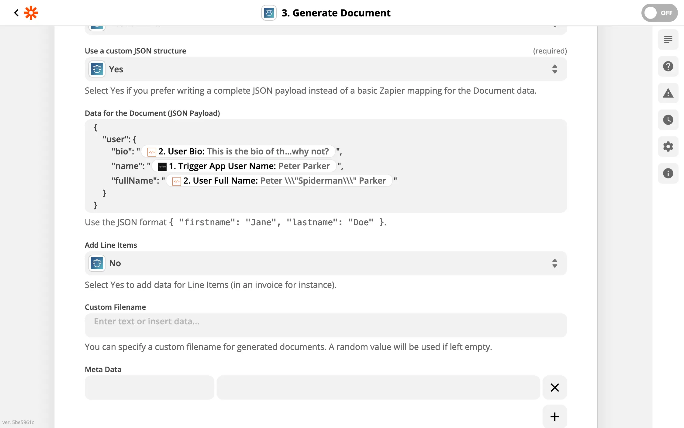 Using the escaped values in the PDFMonkey action