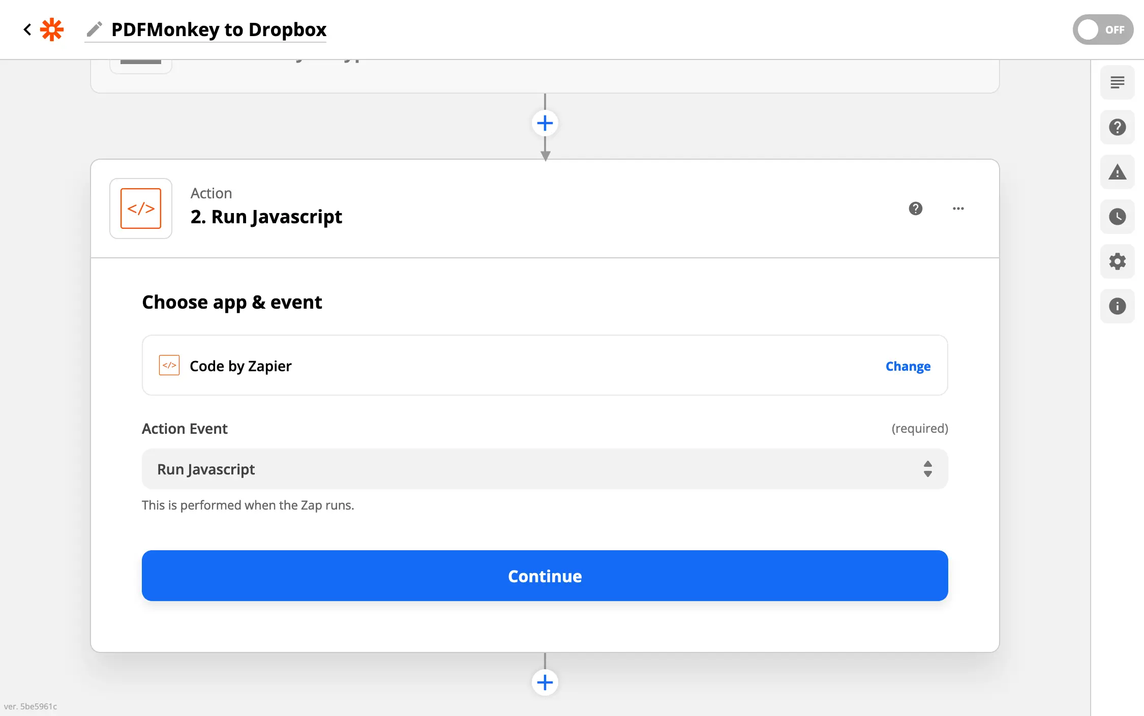 Adding a Code by Zapier action with raw input data