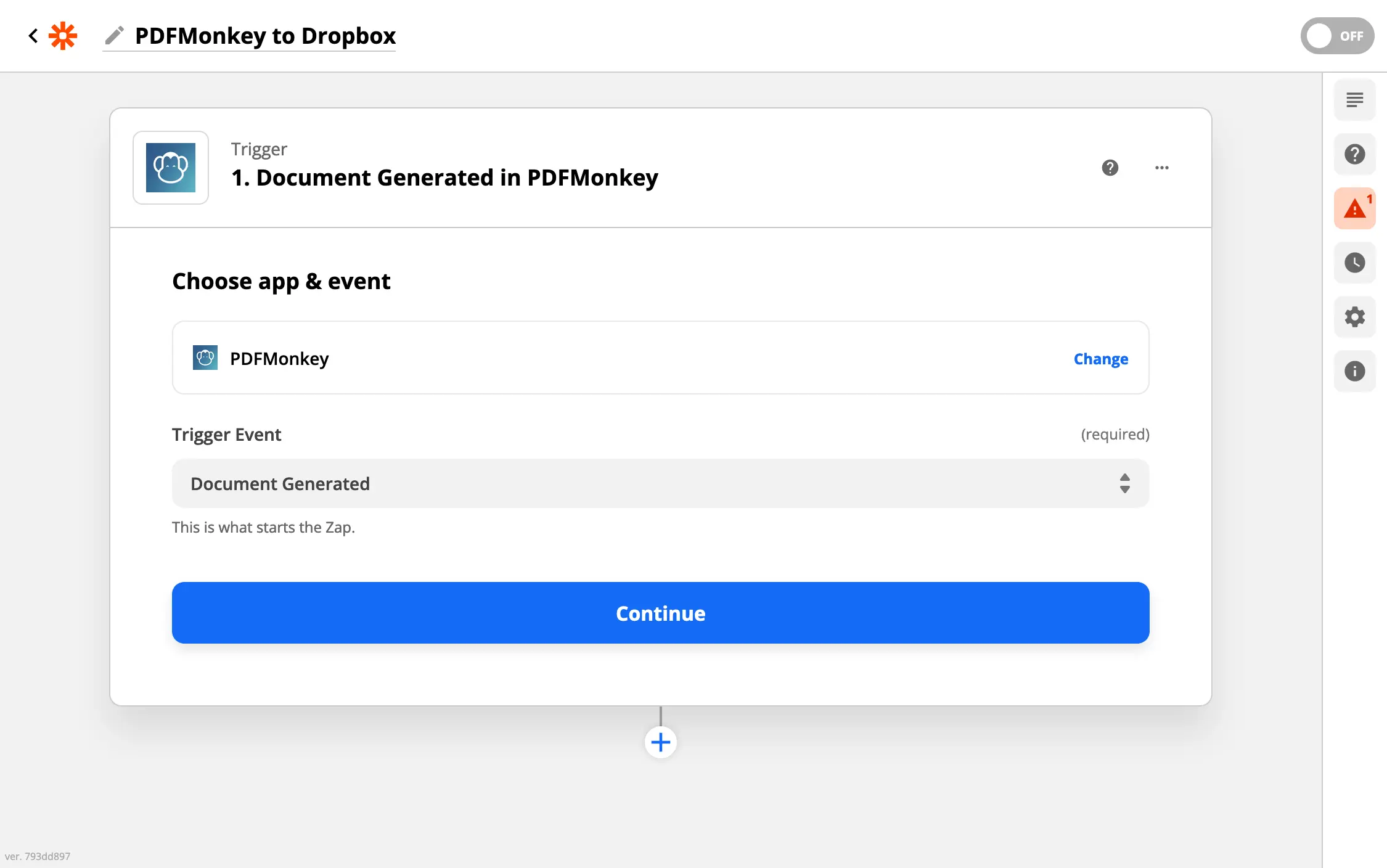 Selecting the Document Generated event in Zapier