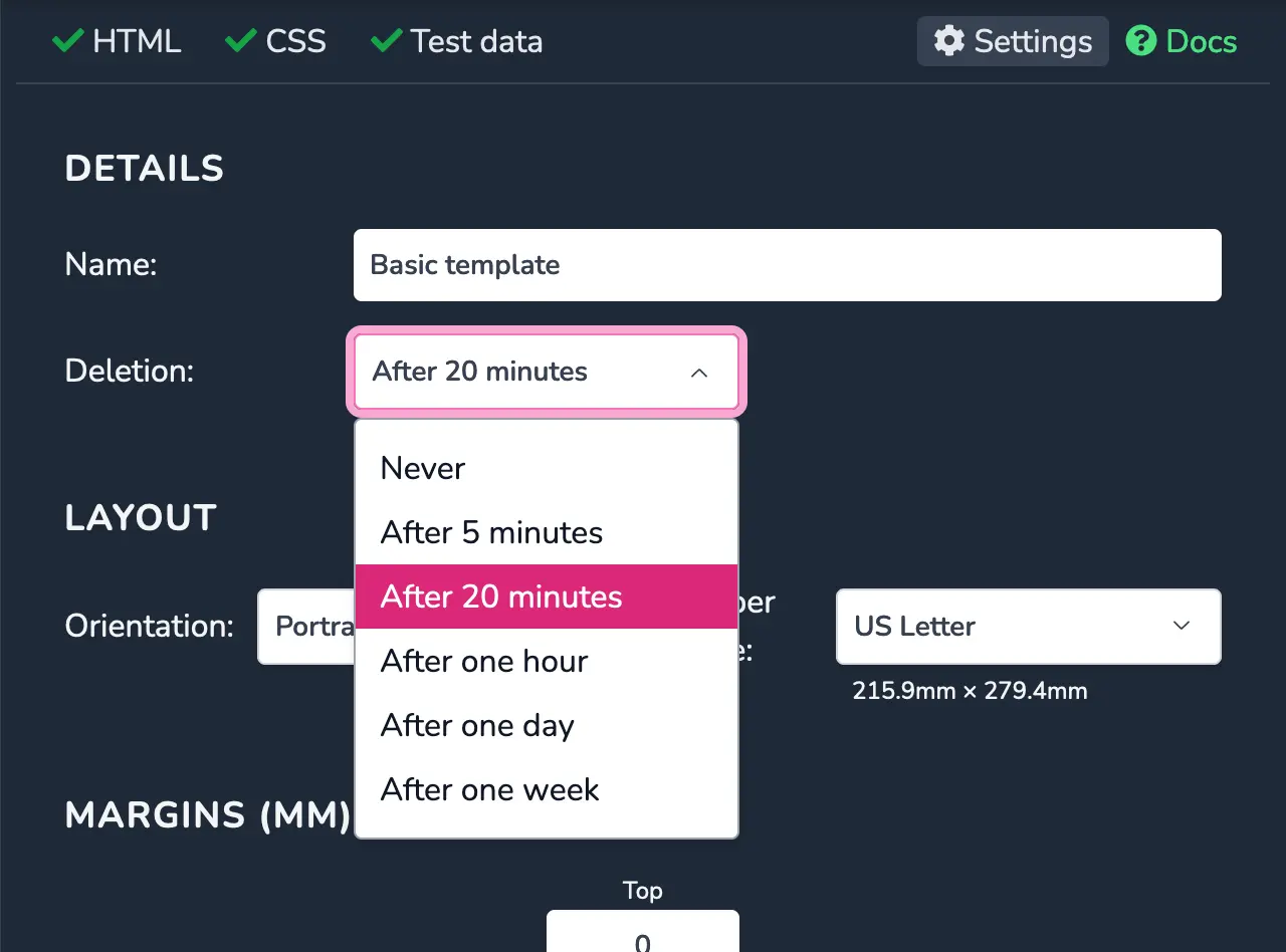 Le menu déroulant Deletion dans les paramètres du modèle, avec des options de 5 minutes à 1 semaine, plus Jamais