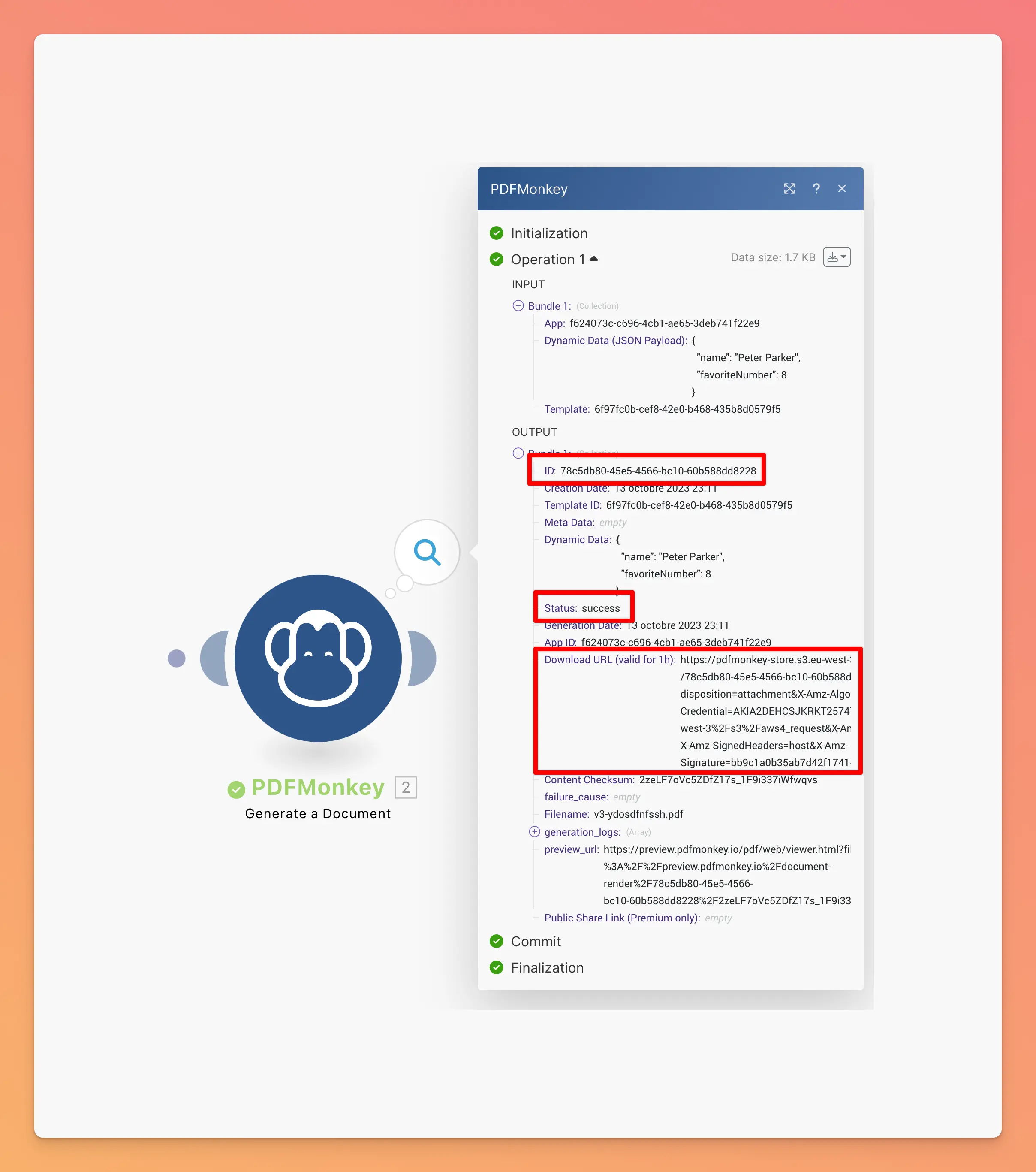 Résultat de la génération de document dans Make