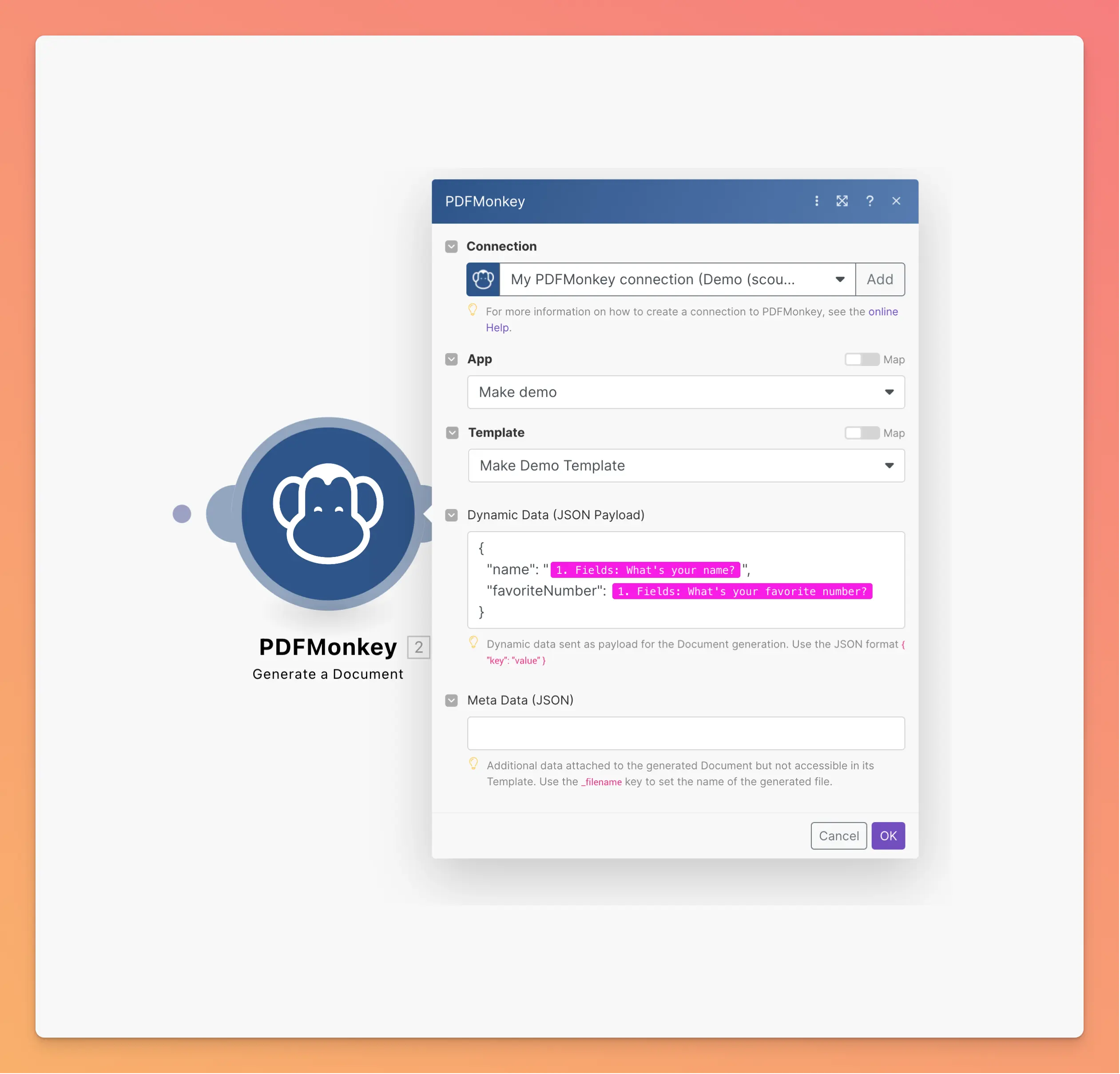 Mapping des champs PDFMonkey dans Make