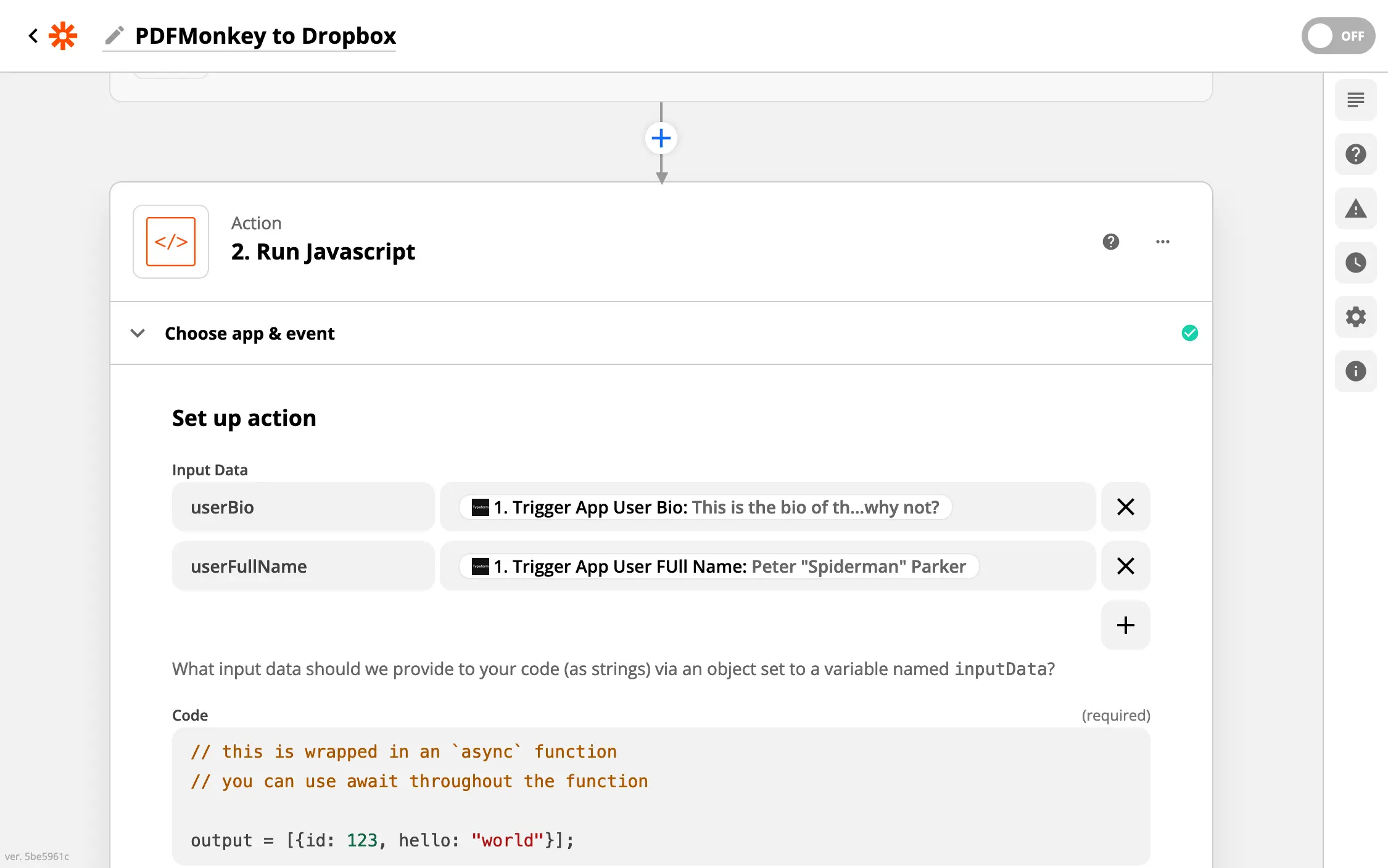 Nommage des champs d’entrée dans Code by Zapier