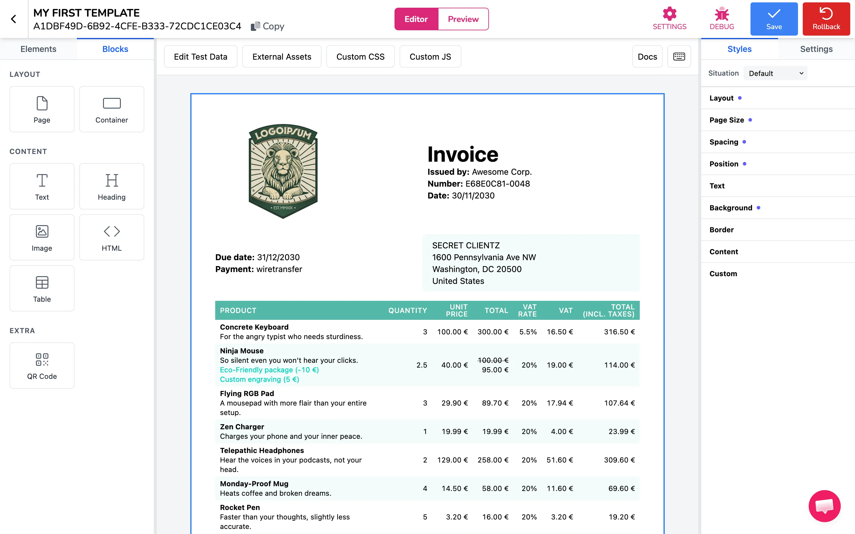 L’interface du builder montrant la disposition en trois panneaux