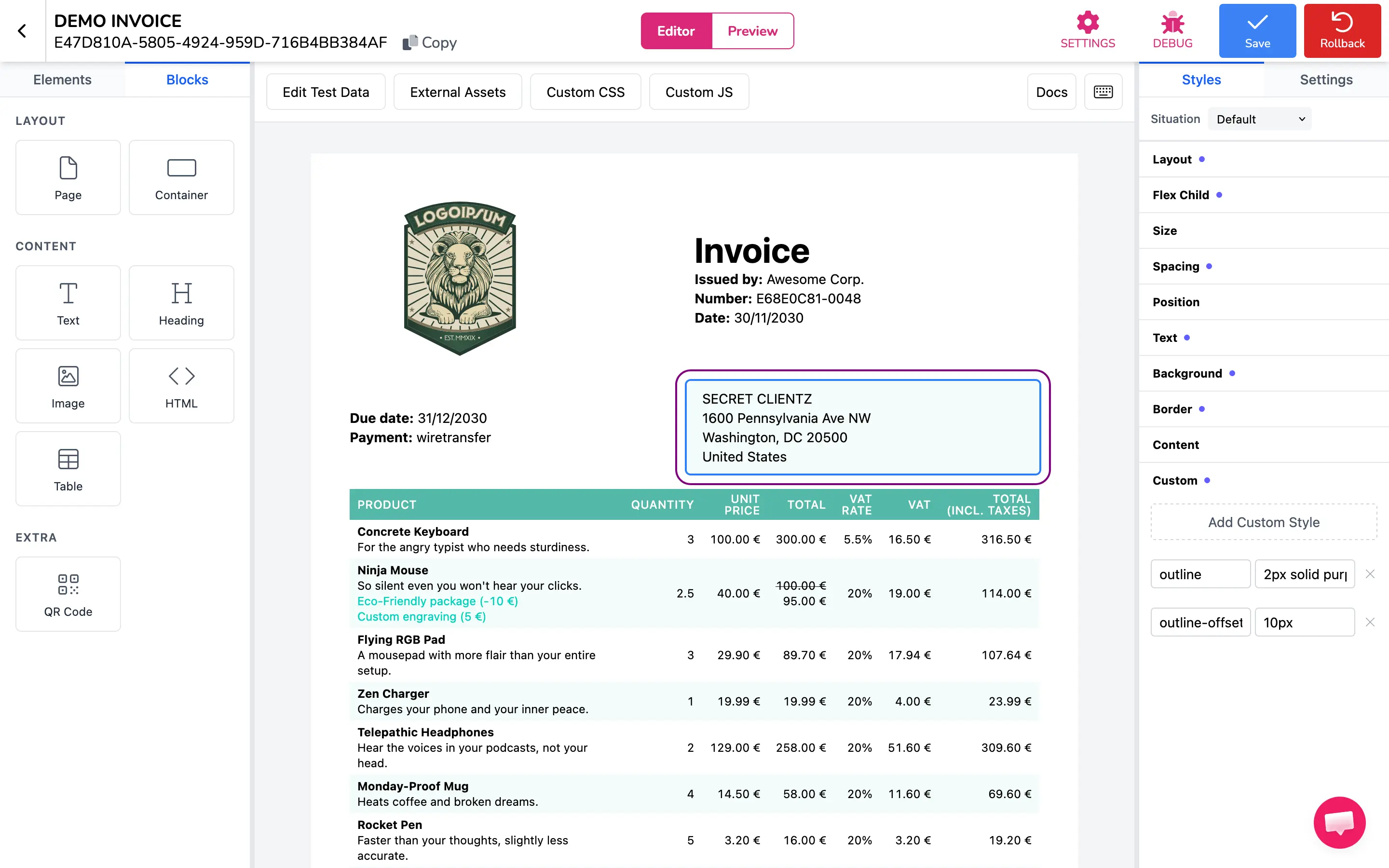 La section Custom en bas du panneau Styles