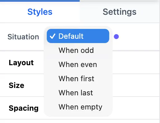 Le menu déroulant Situation dans le panneau Styles affichant les six options
