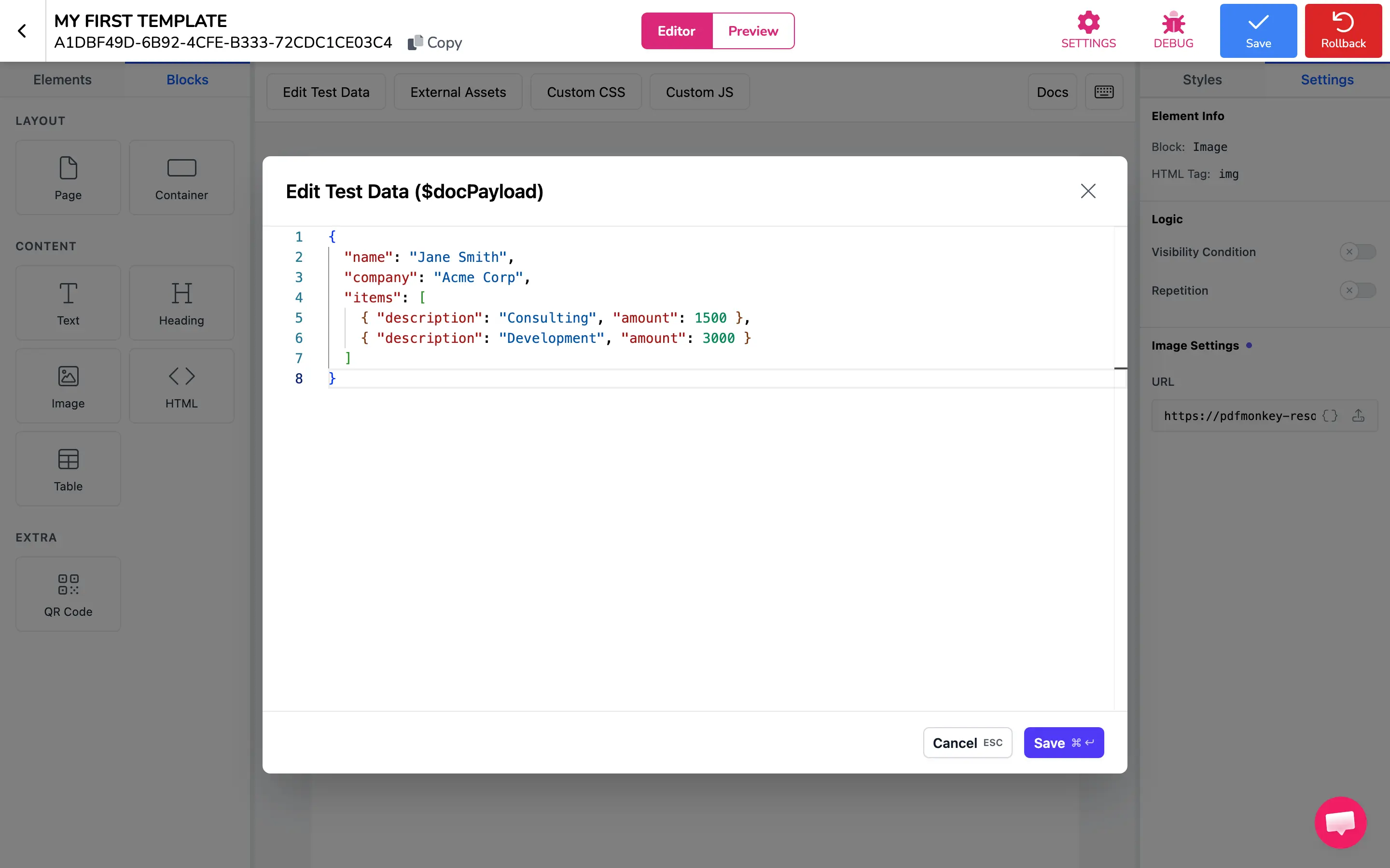 L’éditeur de données de test avec un exemple de payload JSON