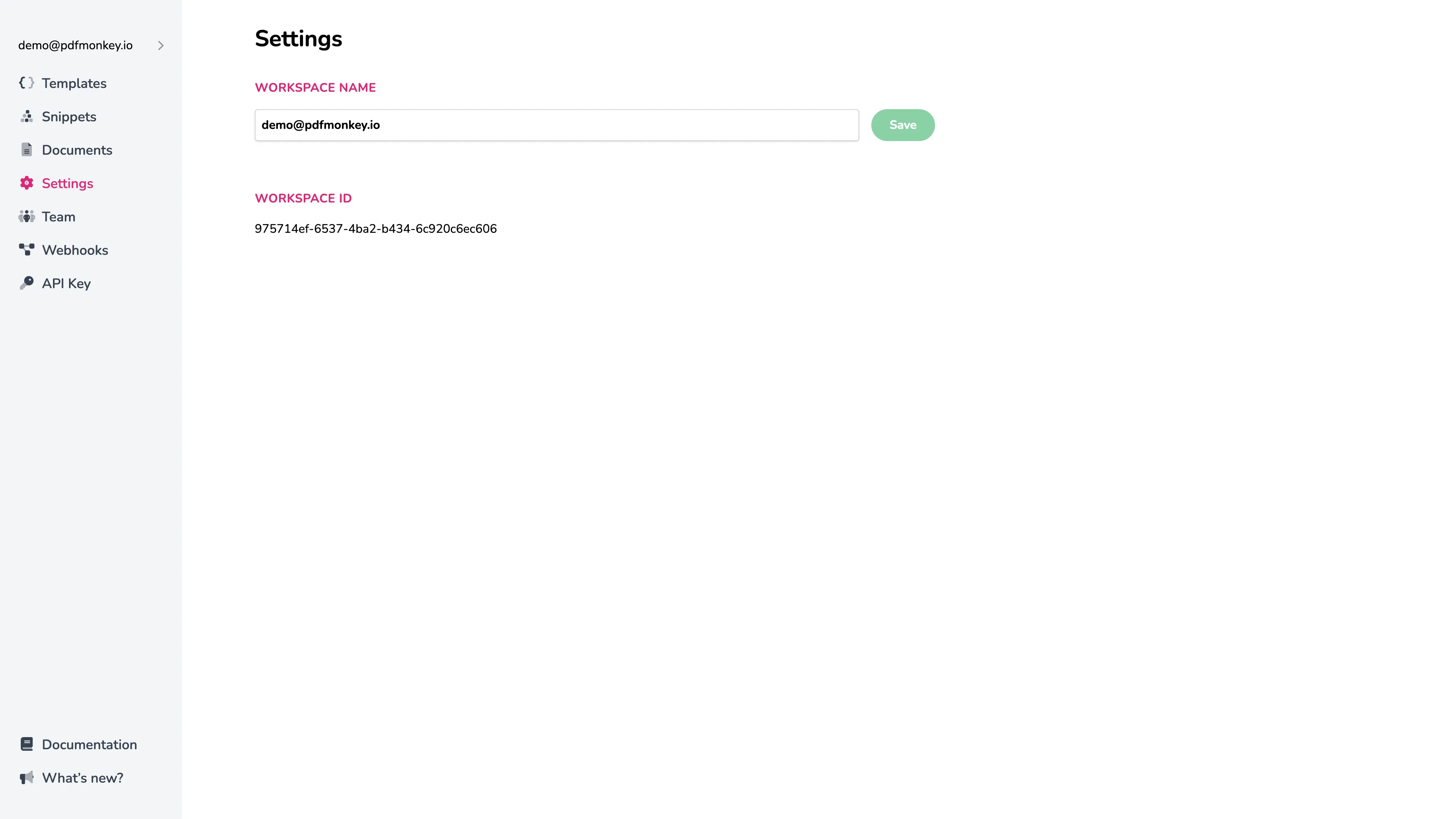 Page des paramètres affichant le nom et l’identifiant de l’espace de travail