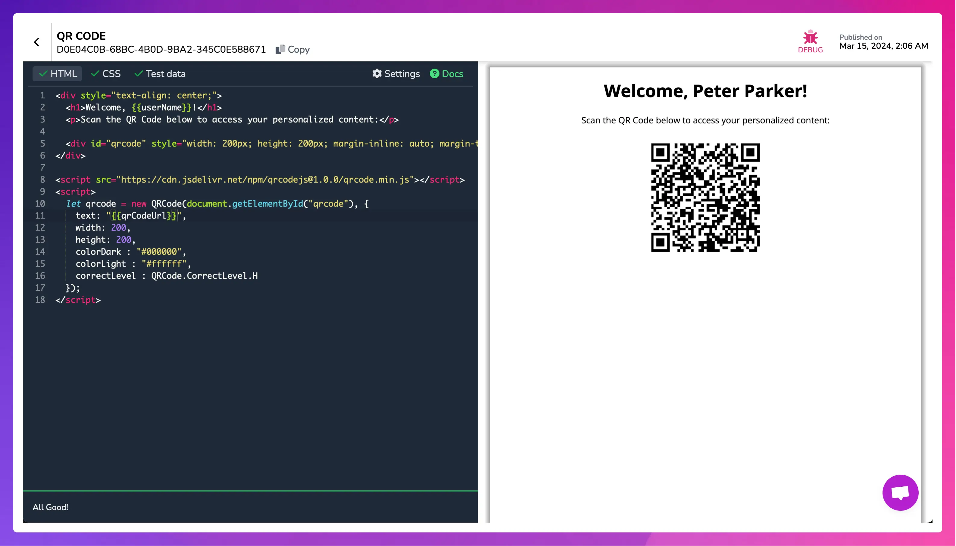An example of a PDFMonkey template with a QR Code embedded