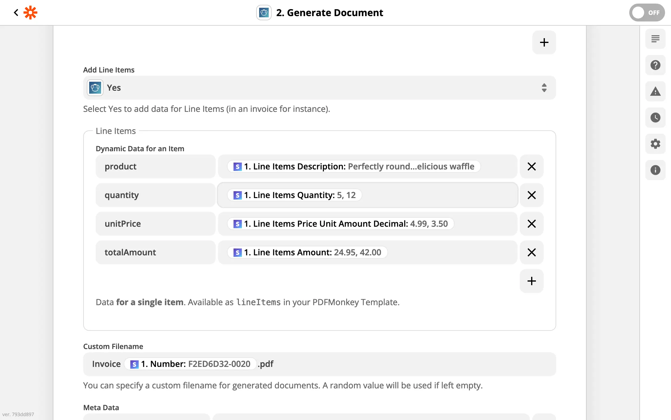 Line items mapped in the PDFMonkey Generate Document action in Zapier: product, quantity, unit price and total for each row